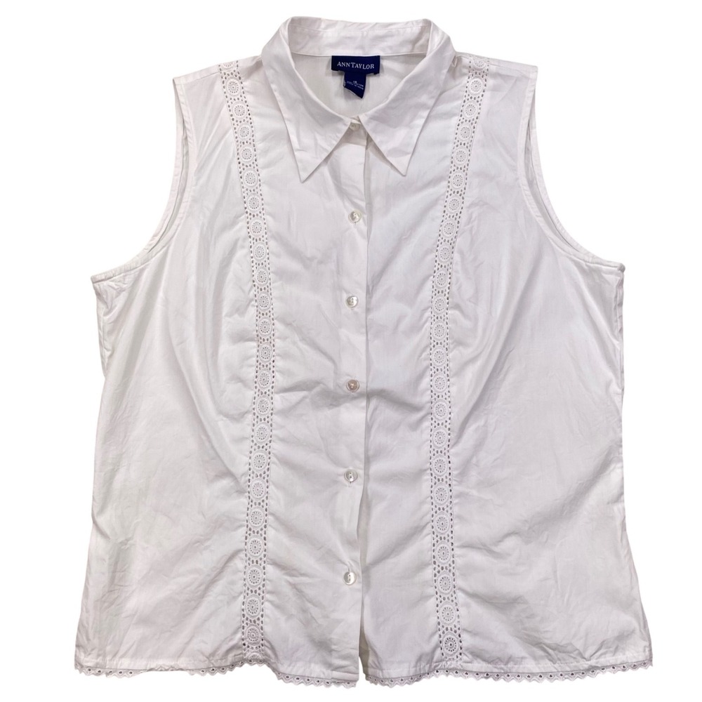 Ann Taylor Sleeveless Button Down Women 16 White Eyelet Lace Trim Cotton Blouse